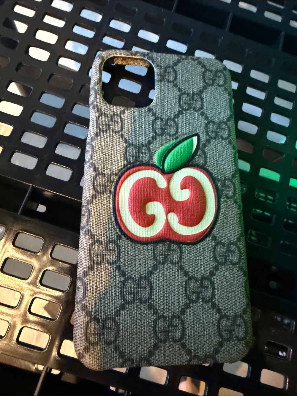 Gucci Grey Monogram Apple Logo iPhone Case with Red & Green Patch